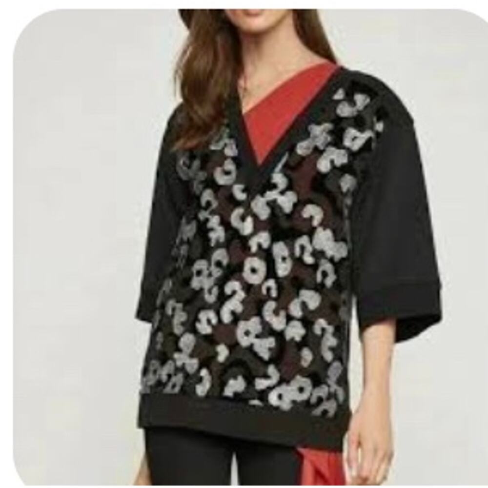 BCBGMAXAZRIA Womens XS Black Ribbed Camo Lace Sweatshirt Top Short Sleeve NEW
